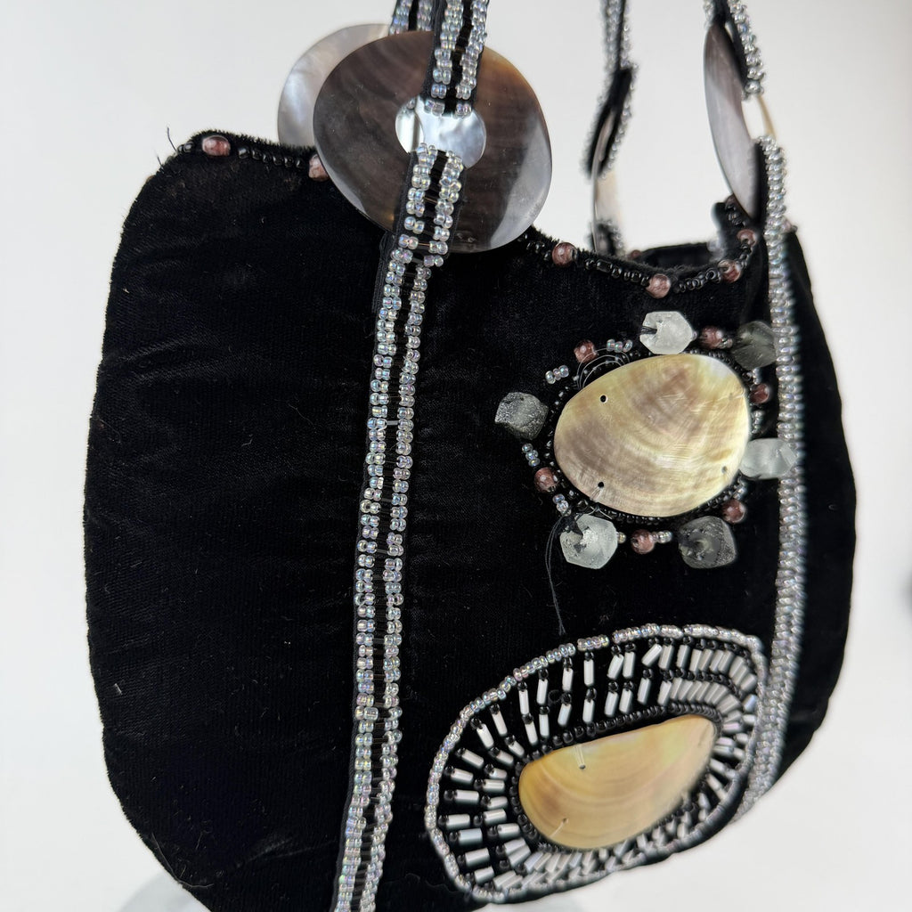 Imayin Shoulder Bag Womens Black Velvet Beaded Mother of Pearl Shell Purse Party
