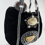 Imayin Shoulder Bag Womens Black Velvet Beaded Mother of Pearl Shell Purse Party