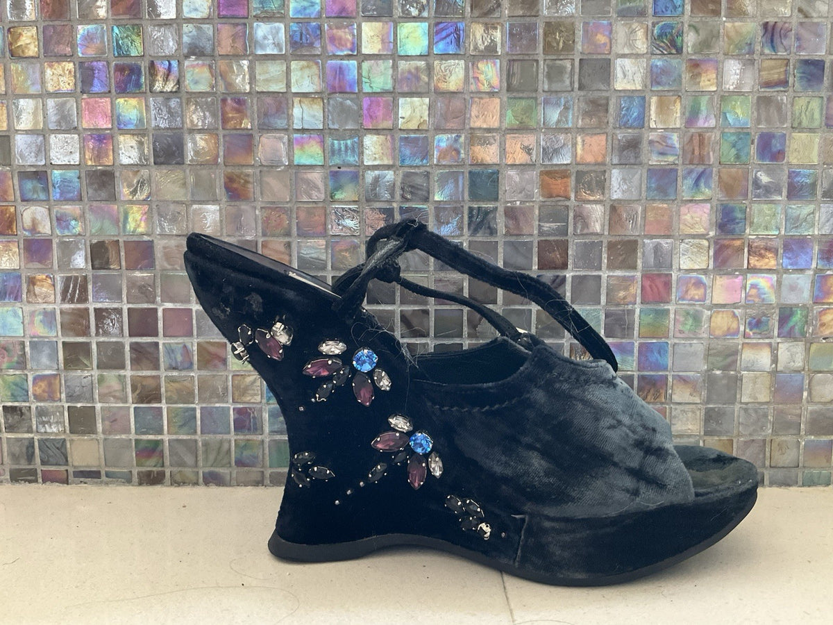 Prada Velvet Wedge Platform with Crystal Beads