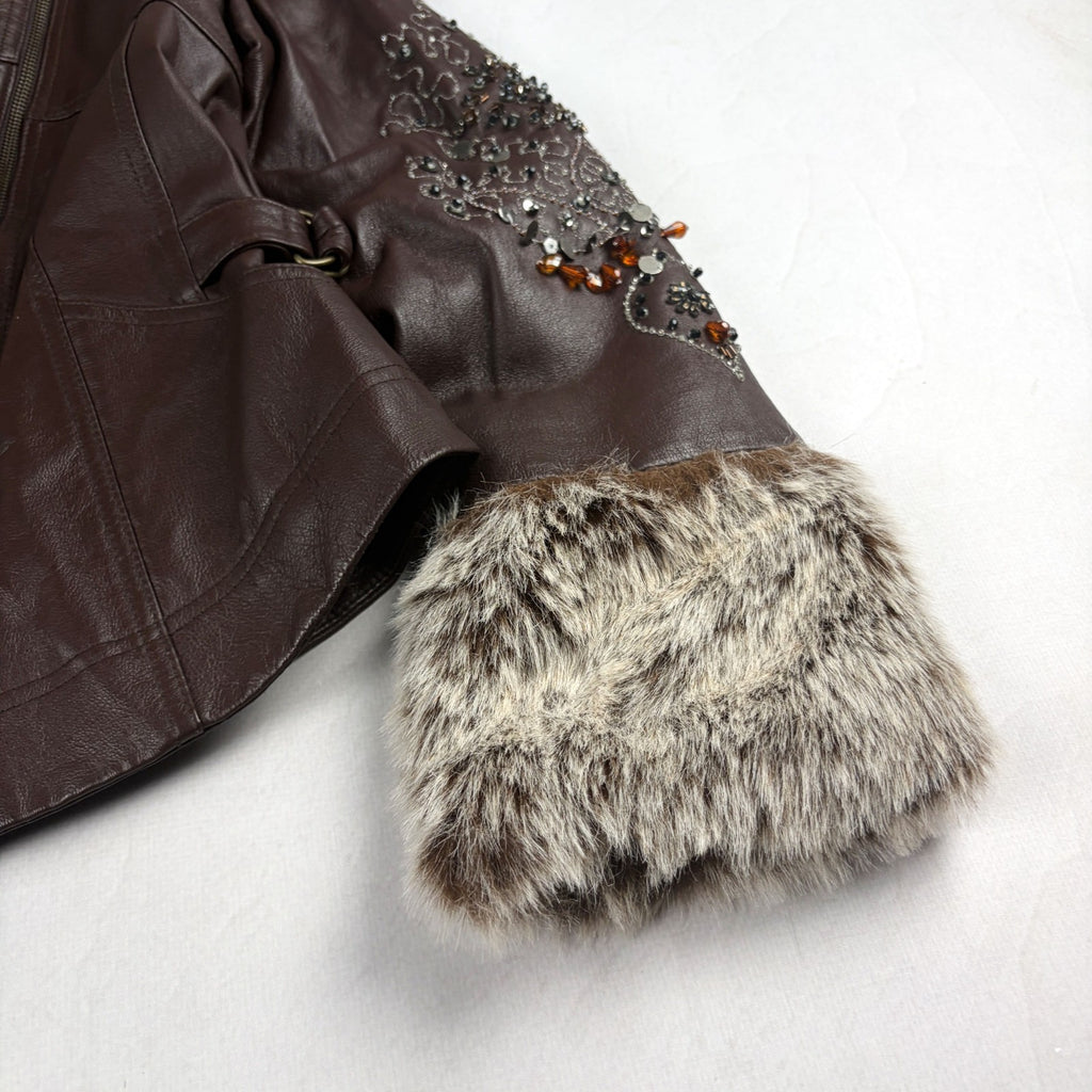 Together Vintage Leather Jacket Small Brown with Fur Trim