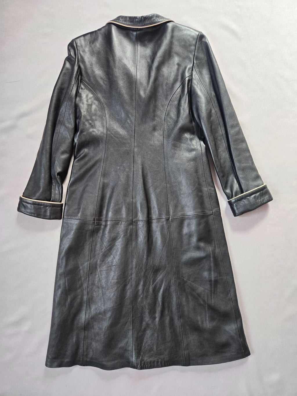 Vintage Y2K Black Leather Coat with Fox Fur Collar and Cuffs