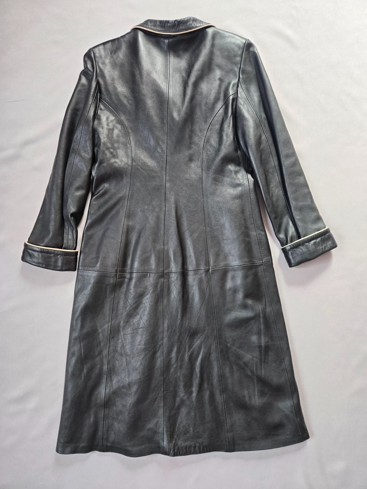 Vintage Y2K Black Leather Coat with Fox Fur Collar and Cuffs