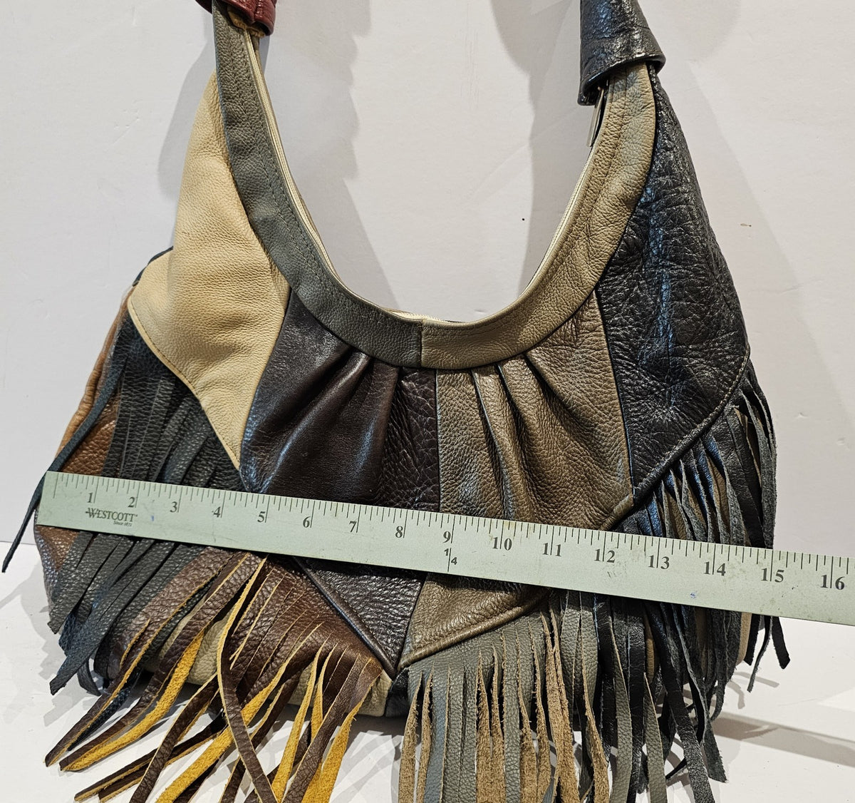 Vintage Leather Patchwork Fringe Hobo Bag