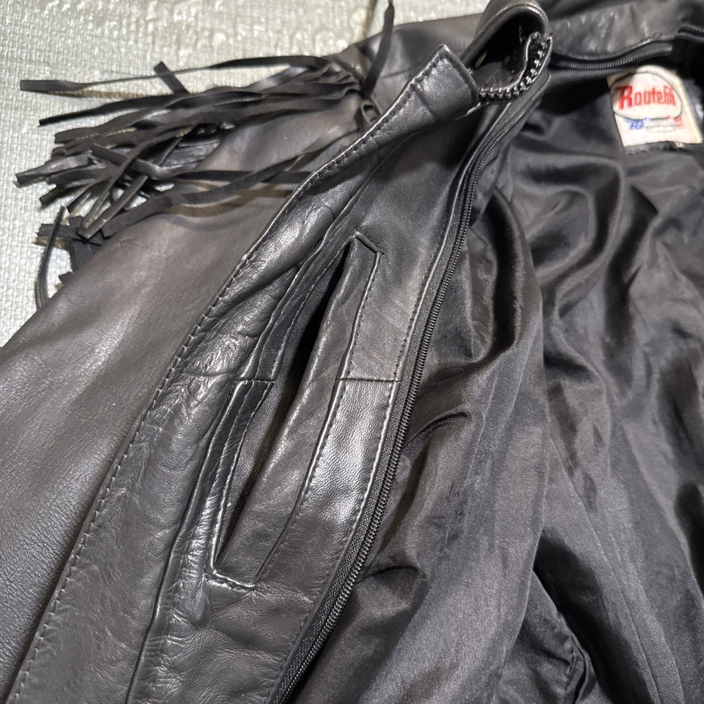 Vintage Route 66 Jacket Leather Fringe Front Zip Black Womens 12 Biker Rodeo