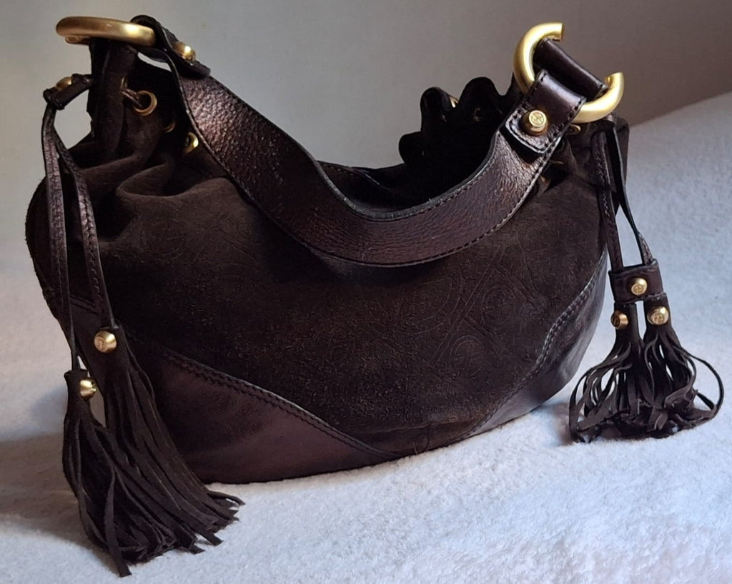 Francesco Biasia Brown Leather and Suede Medium Shoulder Bag with Tassels