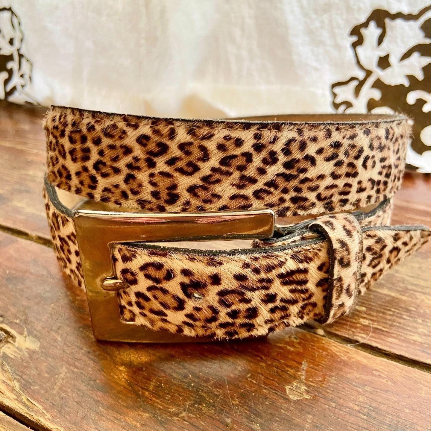 Vintage 80s ACCESSORIES by PEARL Leopard Print Pony Hair Leather Belt L Mob Wife