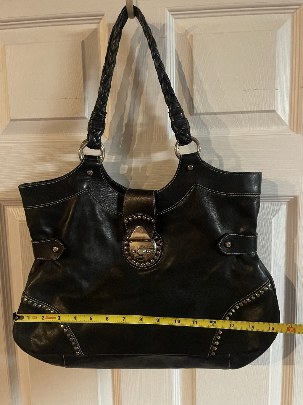 Francesco Biasia Y2K Black Leather Studded Hobo Shoulder Bag Large
