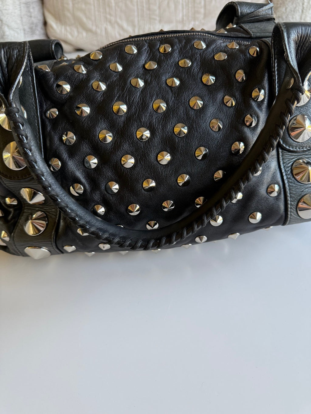 BE&D The Garbo Black Lambskin Leather Studded Bell-Shaped Satchel