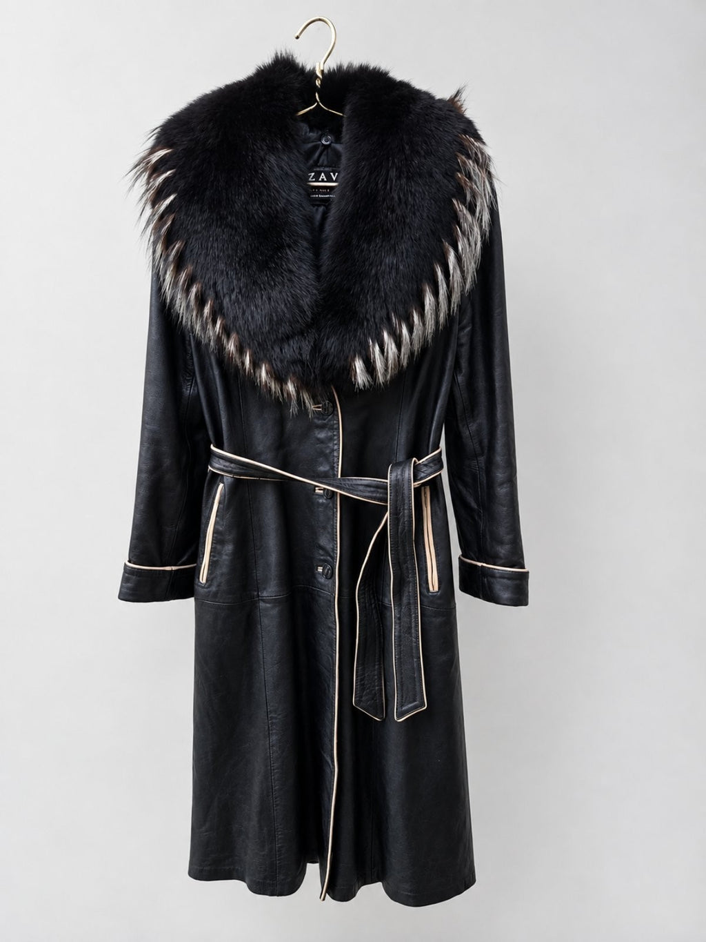 Vintage Y2K Black Leather Coat with Fox Fur Collar and Cuffs