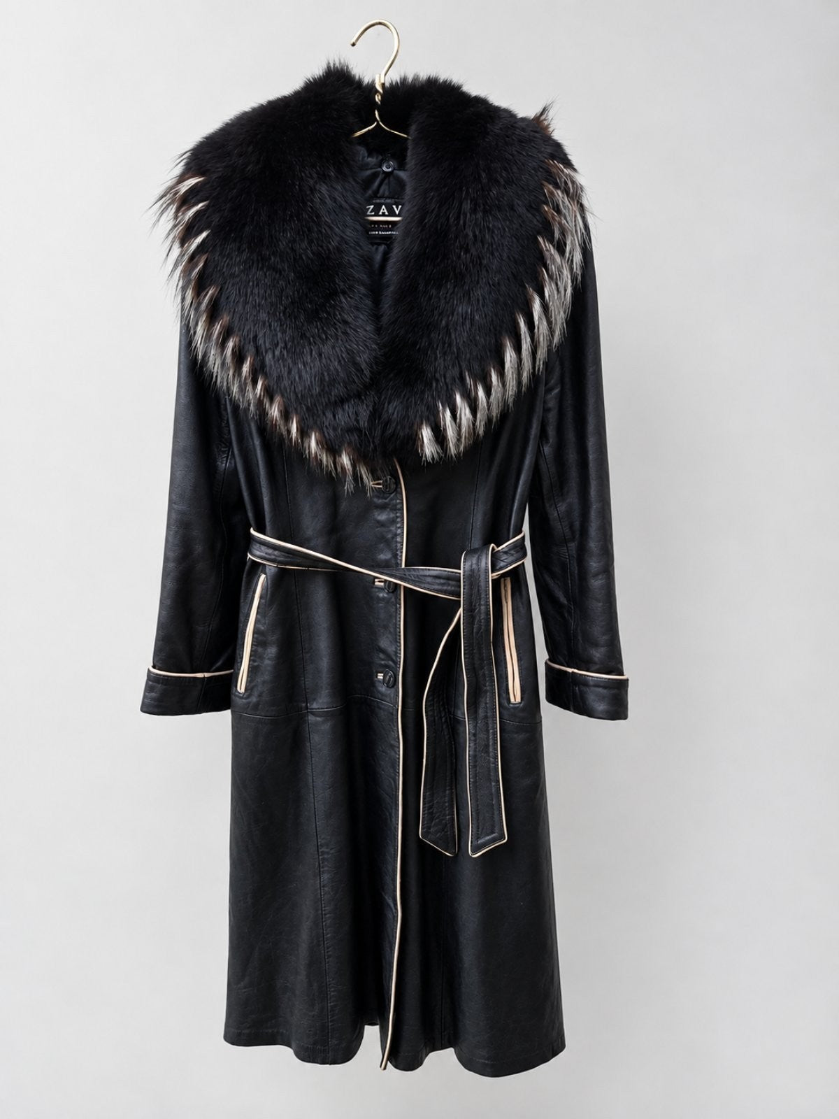 Vintage Y2K Black Leather Coat with Fox Fur Collar and Cuffs