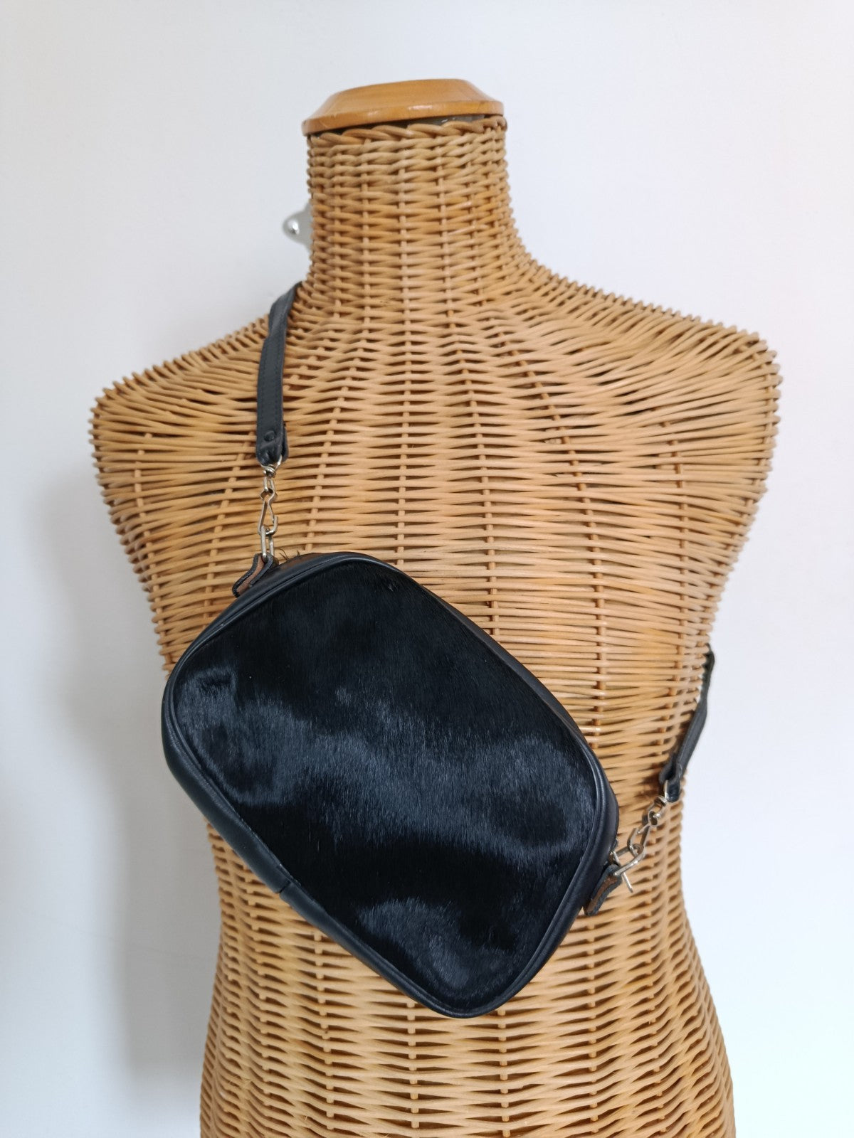 Vintage 40s 50s Black Leather Ponyhair Shoulder Bag - Prentice Zip, Belt Loops-
