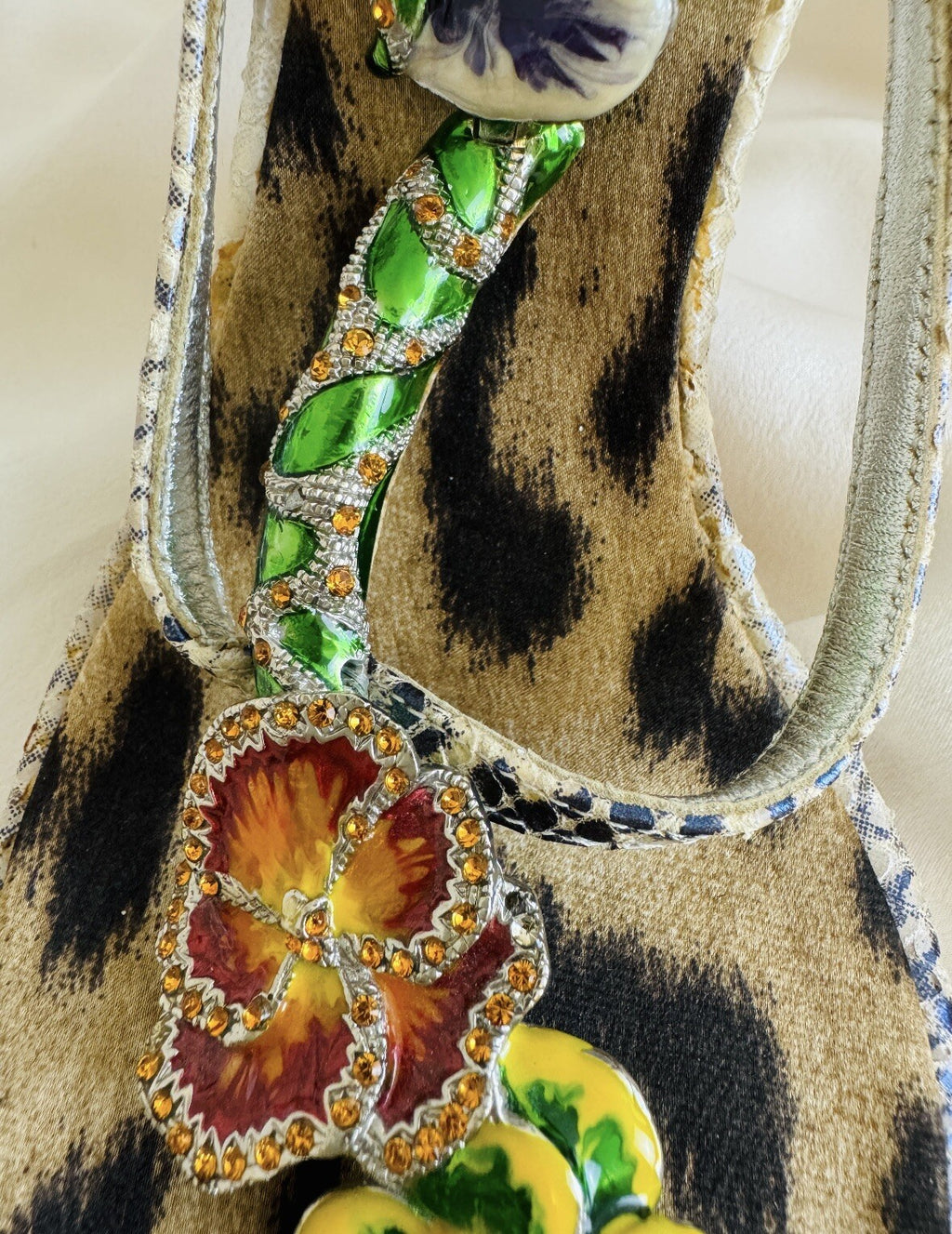 Roberto Cavalli 2000s Snake and Flower Enamel Rhinestone Heels