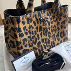 PRADA Canapa Leopard Print 2Way Tote Bag Brown Canvas USED from Japan #SA