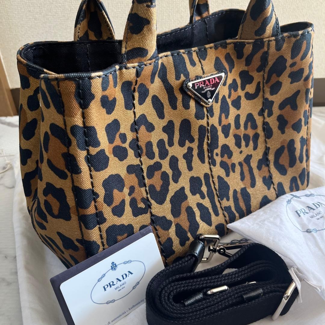 PRADA Canapa Leopard Print 2Way Tote Bag Brown Canvas USED from Japan #SA
