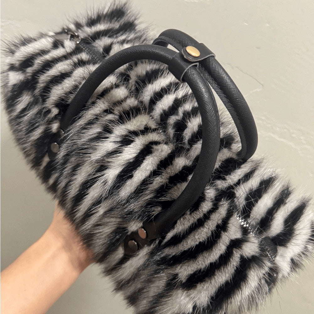 Genuine Mink Fur Pillow Bag with Top Handles and Crossbody Strap