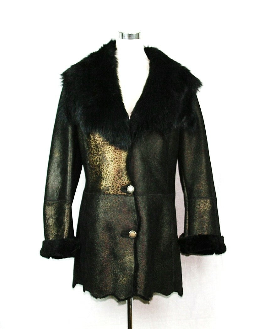 Leather Shearling Coat with Collar Black Gold Large