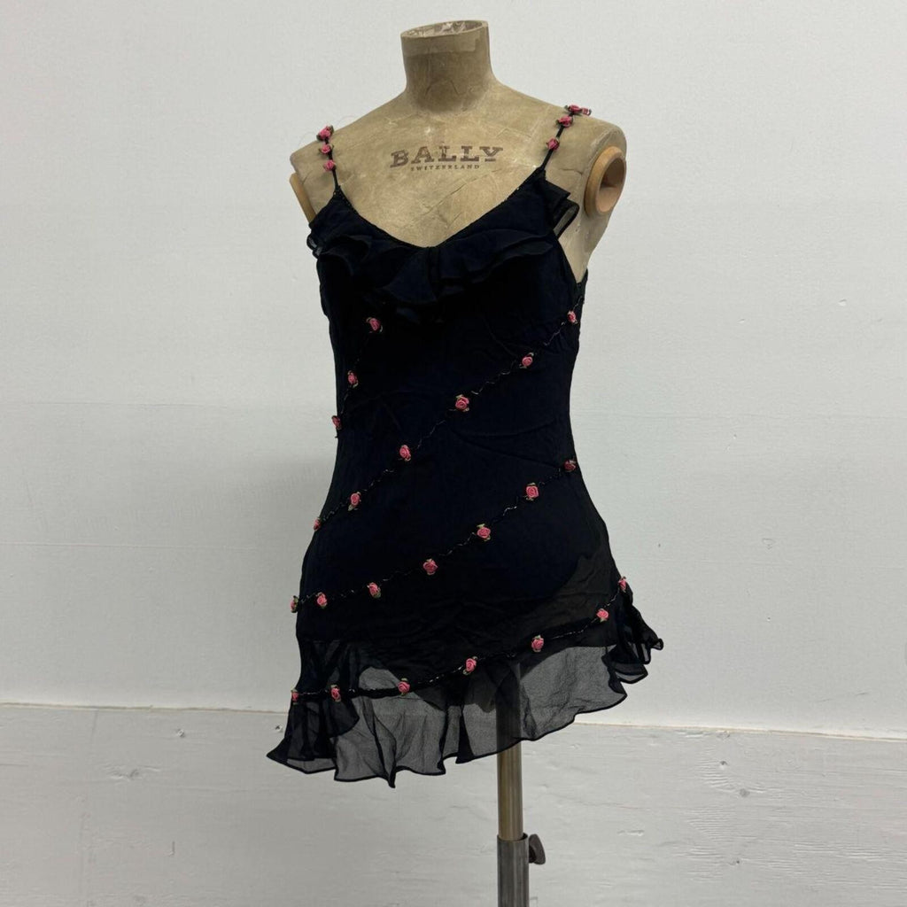 Deadstock Vintage Y2K Rosette Embellished 100% Mulberry Silk Slip Black