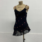 Deadstock Vintage Y2K Rosette Embellished 100% Mulberry Silk Slip Black
