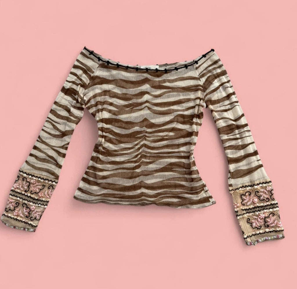 Blumarine SS2000 Zebra Sheer Mesh Coral Jewelled Fairy Top Small
