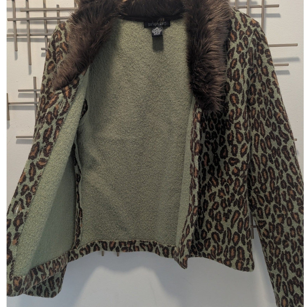 VTG Paraphrase Leopard Print Blazer Jacket Faux Fur Collar Women M Wool Mobwife
