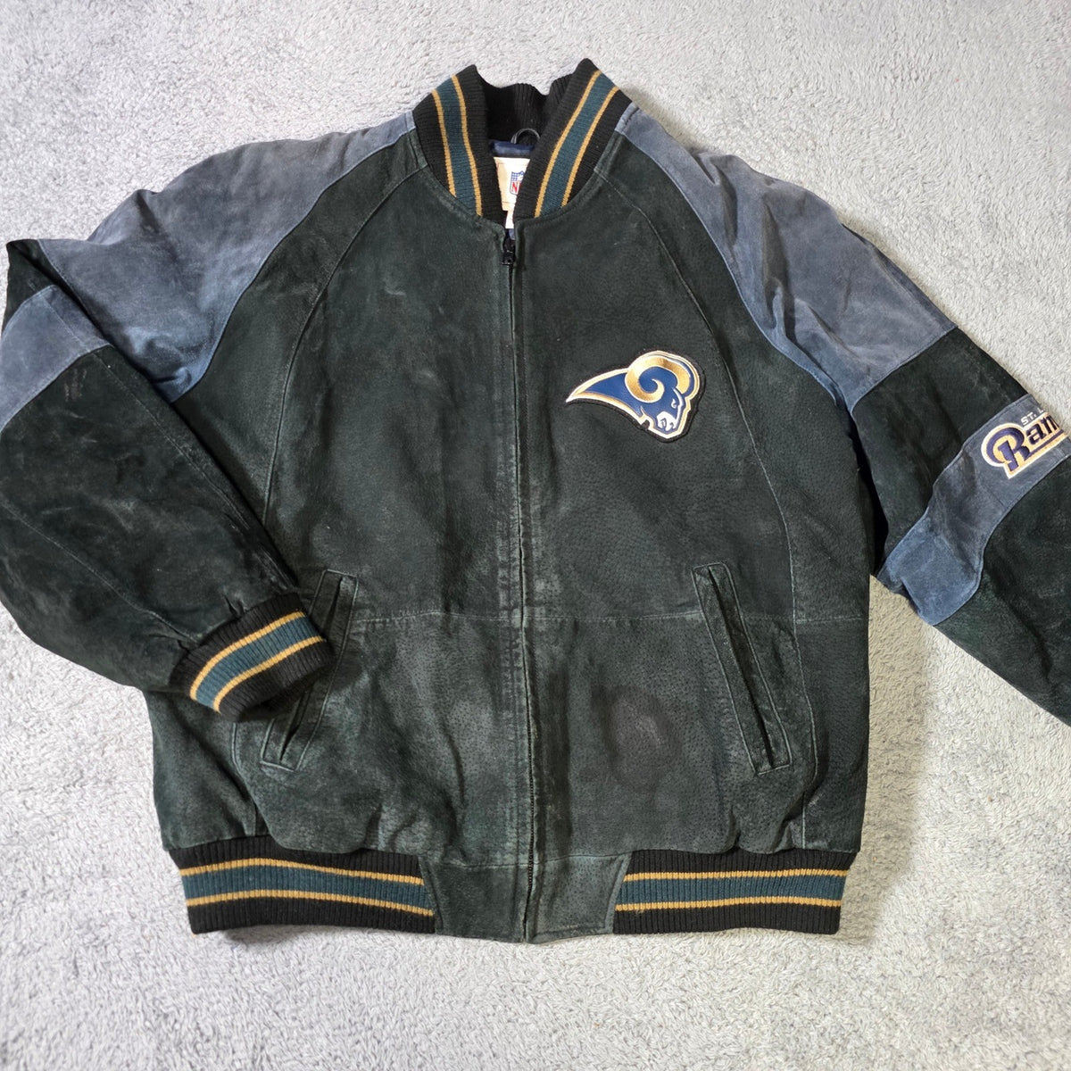 G-III NFL St. Louis Rams Suede Leather Varsity Jacket Green Blue Large