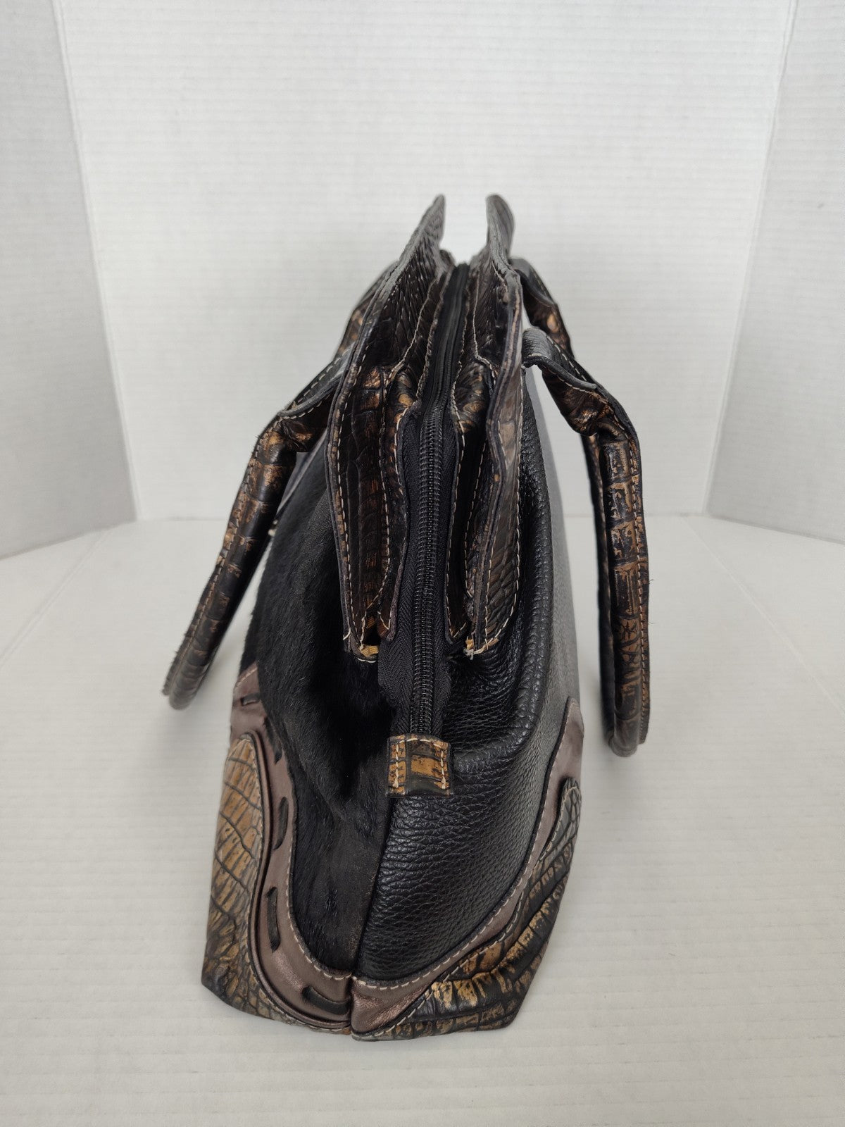 Cavalcanti Italy Black Leather Calf Hair and Cowhide Handbag
