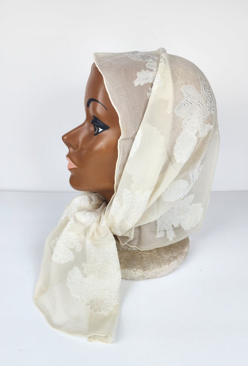 Antique Chiffon Silk Scarf Head & Neck Scarf Delicate Floral White Lace 1900's