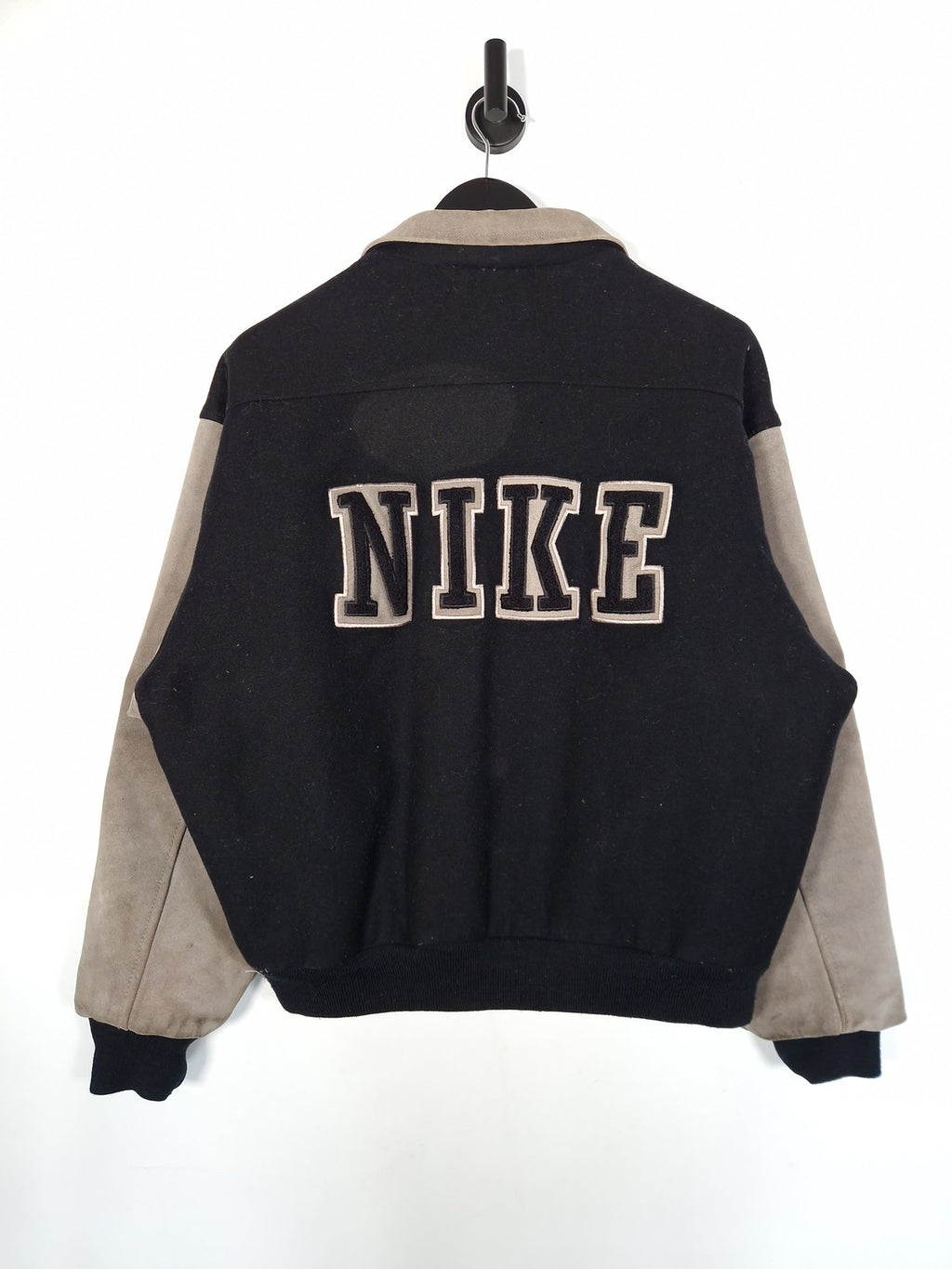 90's Nike Varsity Jacket Size Medium Oversized Black Grey Leather Wool Bomber