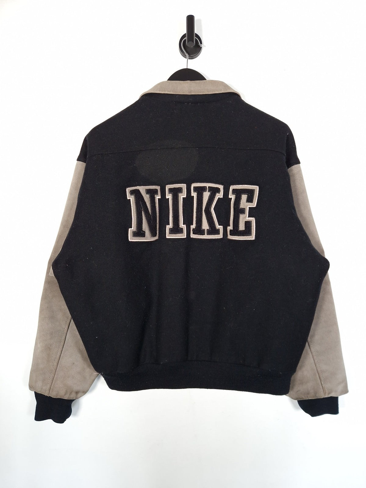 90's Nike Varsity Jacket Size Medium Oversized Black Grey Leather Wool Bomber