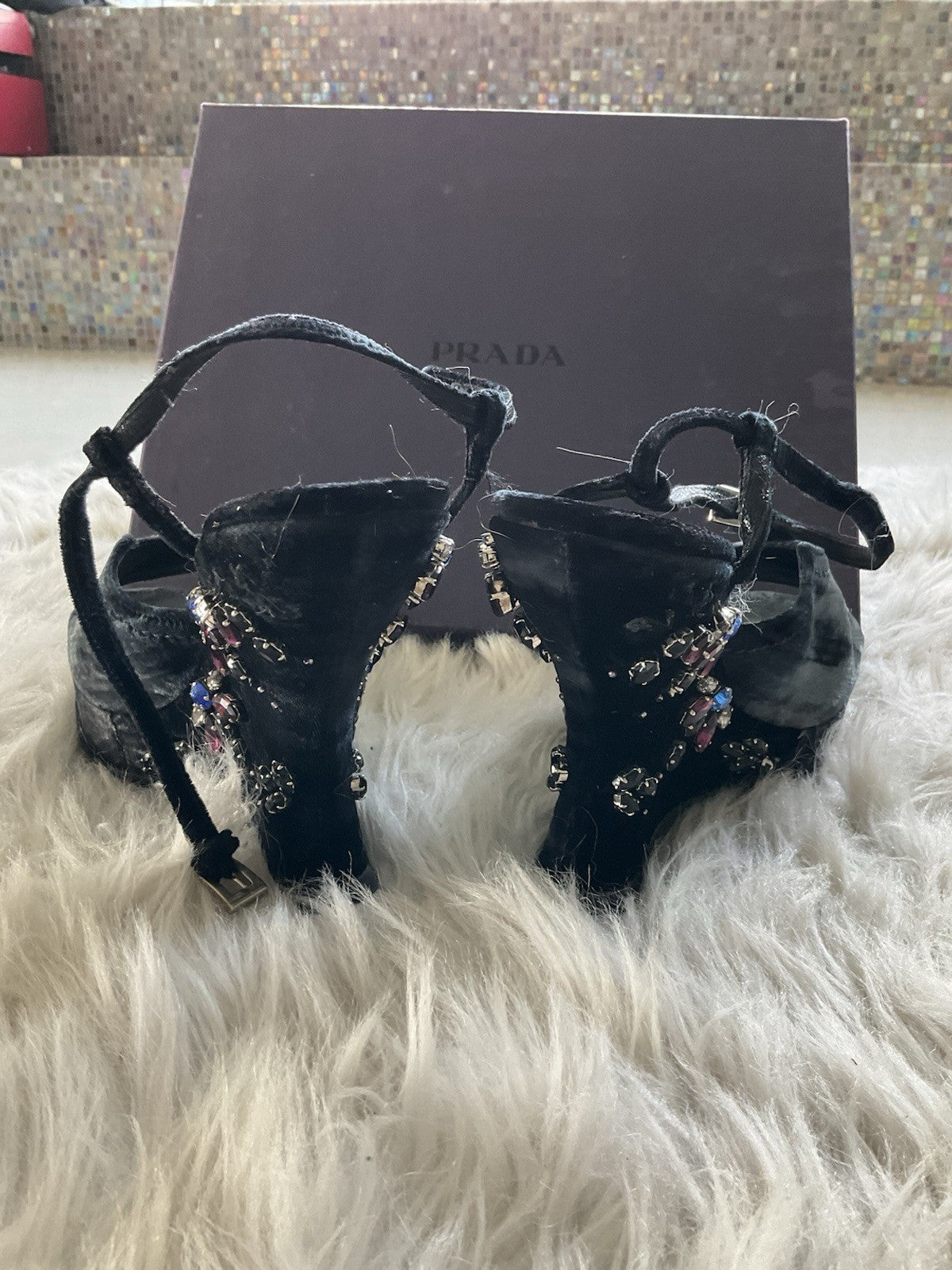 Prada Velvet Wedge Platform with Crystal Beads
