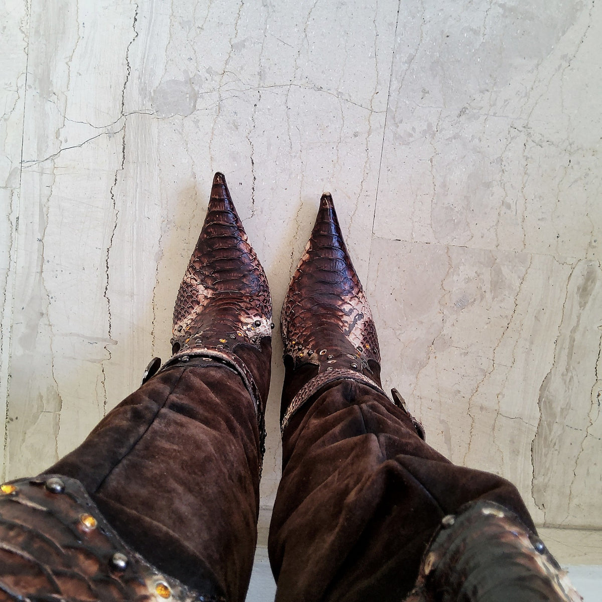 El Dantes Y2K Embellished Belted Slouchy Suede Snakeskin Pointy Shoe