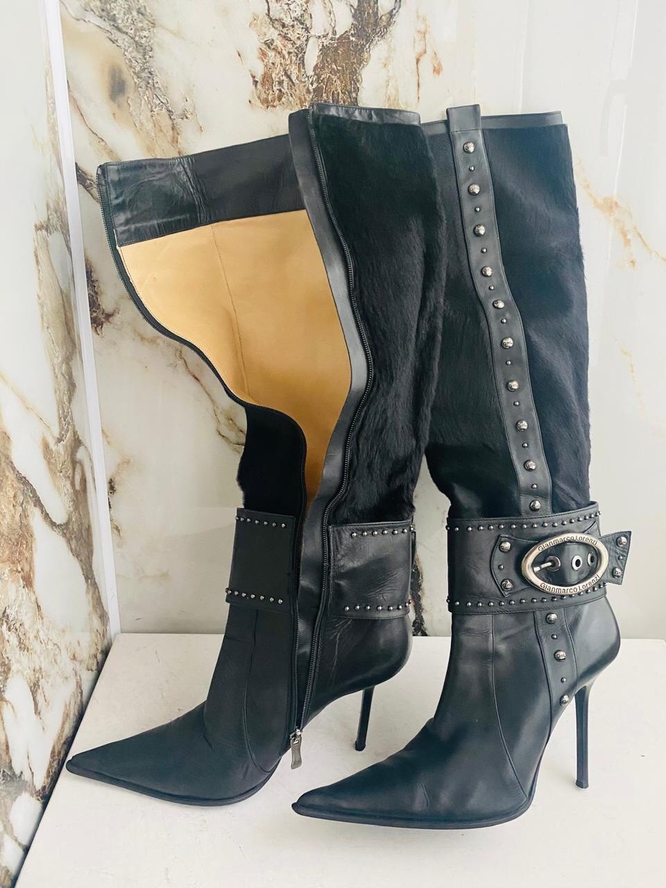 Gianmarco Lorenzi Women Boots  High Heels Black leather Italian Boots Size 38