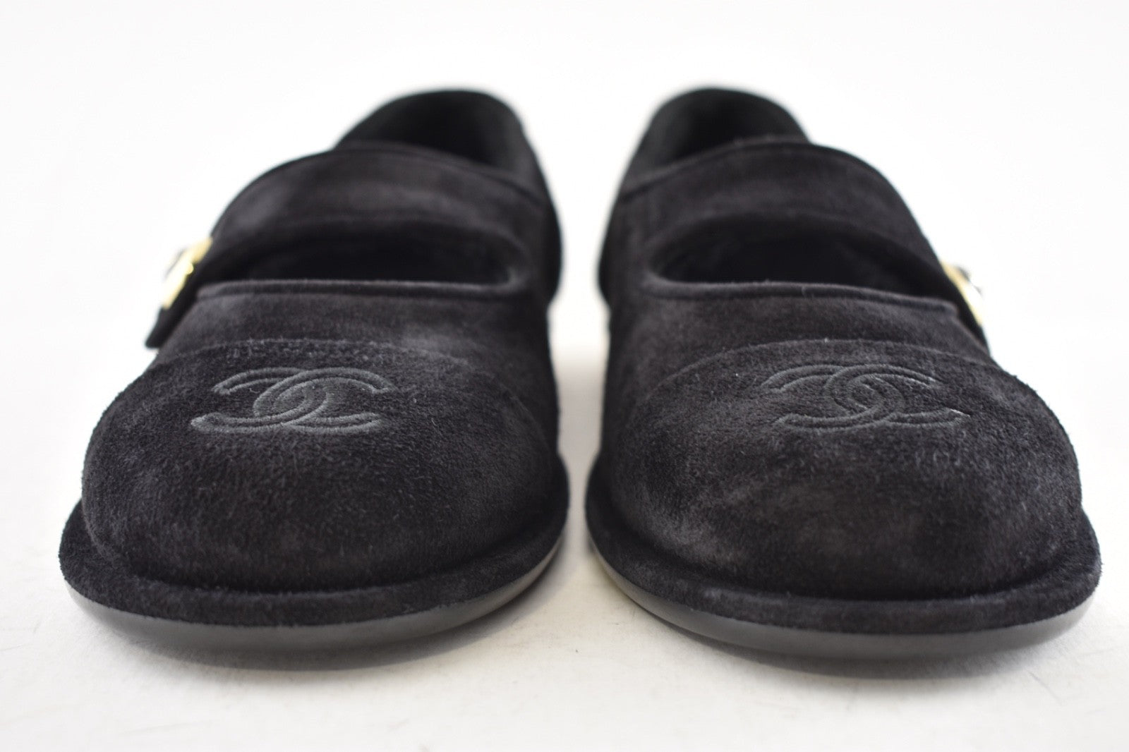 Chanel 25B Black Suede Shearling Fur Mary Jane Moccasin Ballet Loafer Flat 38