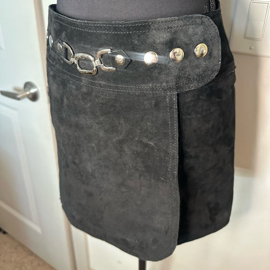 Vintage 00s Bebe black suede mini skirt with buckles & studs Y2K style