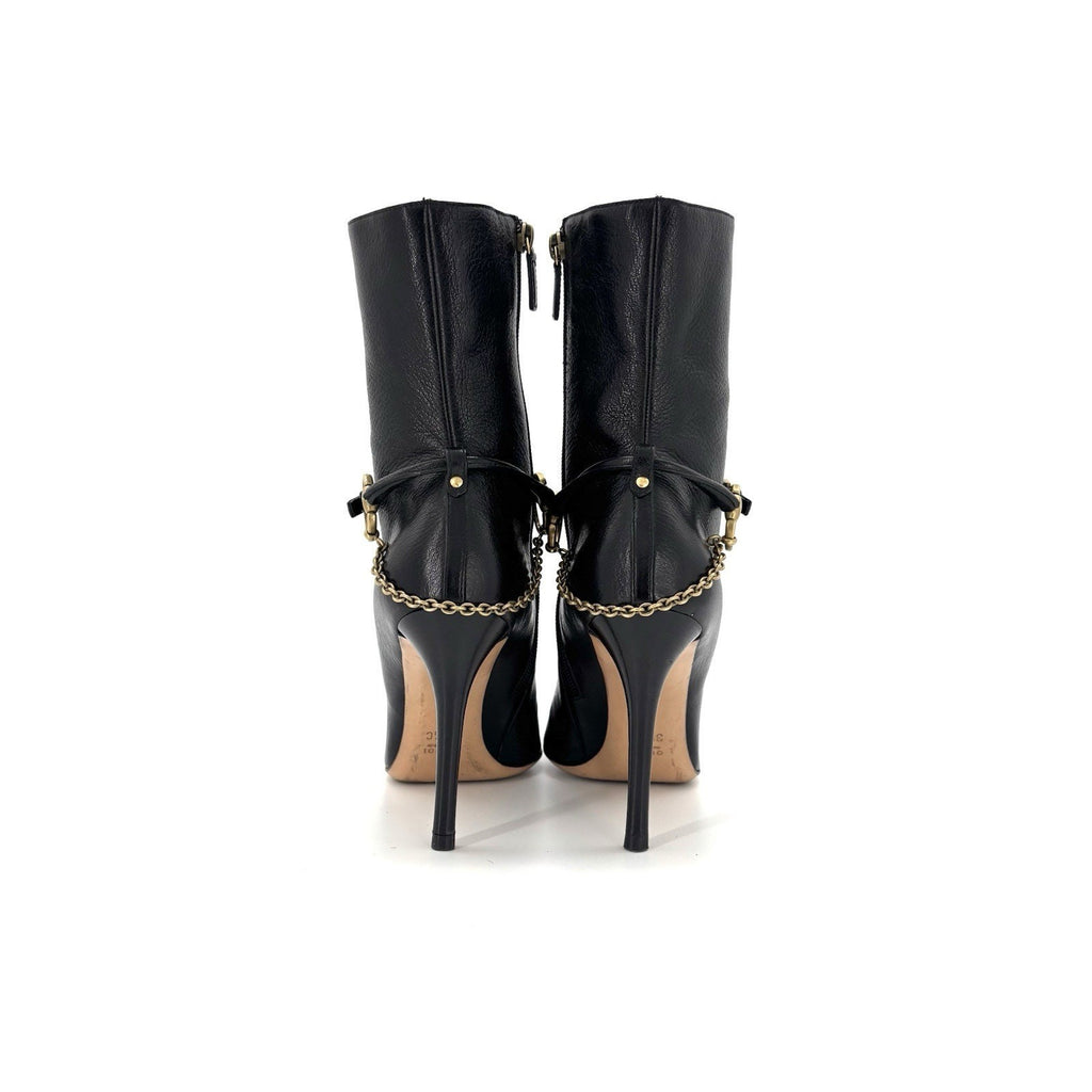 Vintage Gucci Horsebit Chain Harness Black Leather Ankle High Heeled Boots 39.5