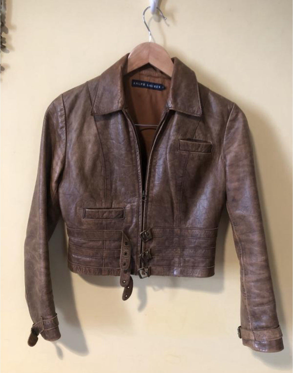 Ralph Lauren Blue Label Aviator Strap Leather Jacket Brown Extra Small Small