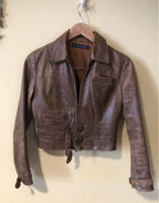 Ralph Lauren Blue Label Aviator Strap Leather Jacket Brown Extra Small Small