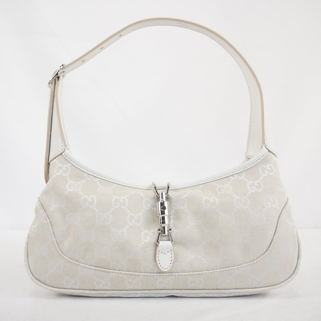 Gucci Jackie Slim Medium Shoulder Bag In Ivory GG Canvas W/ White Leather Trim