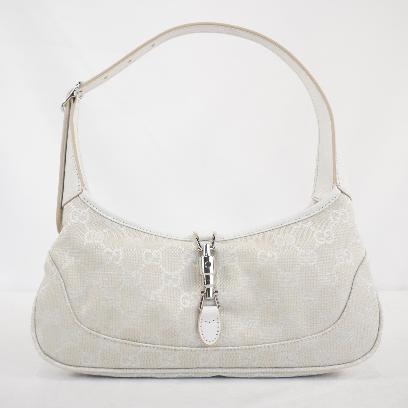 Gucci Jackie Slim Medium Shoulder Bag In Ivory GG Canvas W/ White Leather Trim