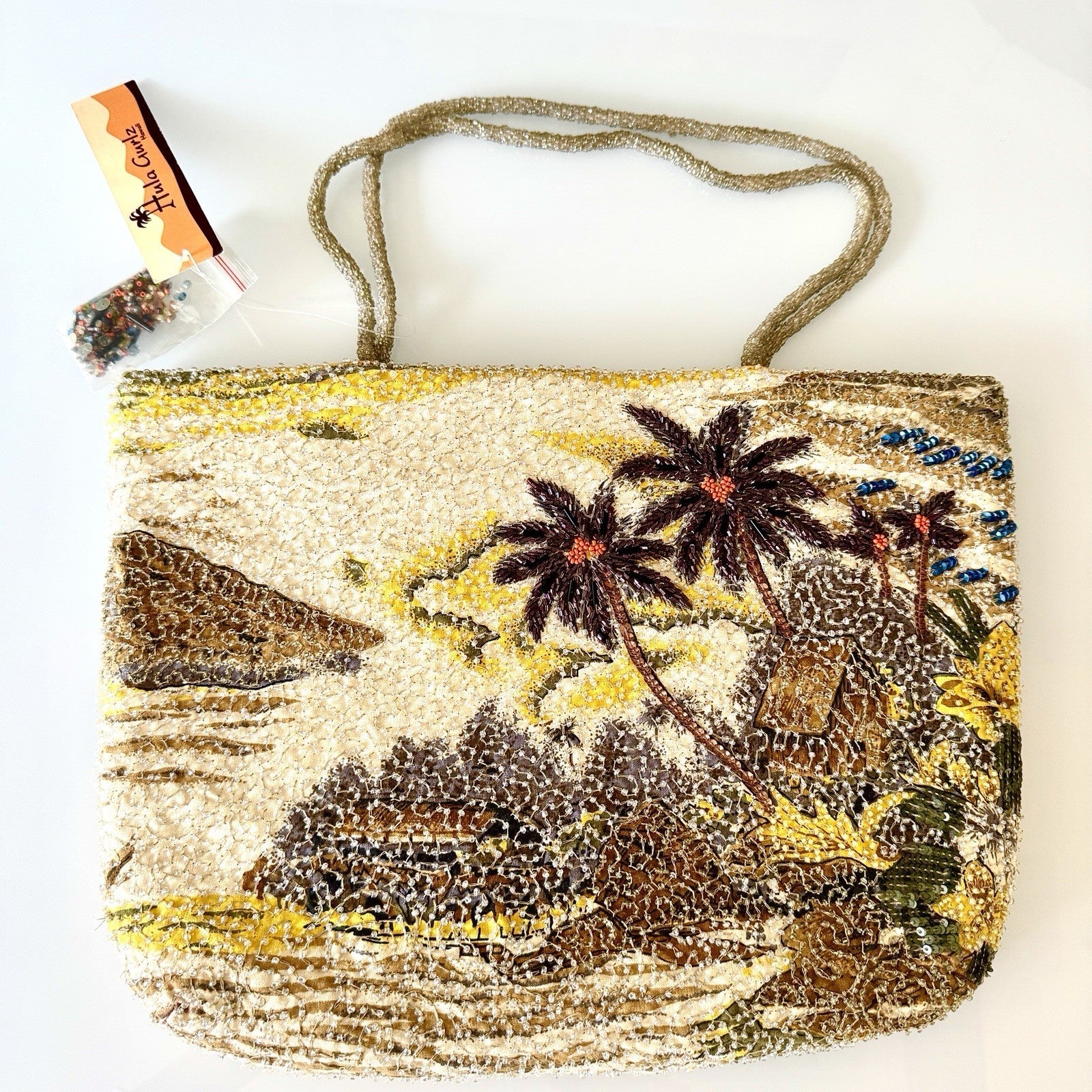 VTG Beaded Purse Hawaii Tiki Hut Palm Tree Luau Hula Shoulder Bag New With Tags