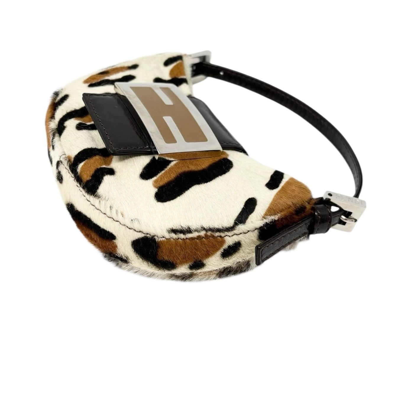 FENDI Vintage Logo Leopard Pony Calf Hair Micro Croissant Handbag Bag White