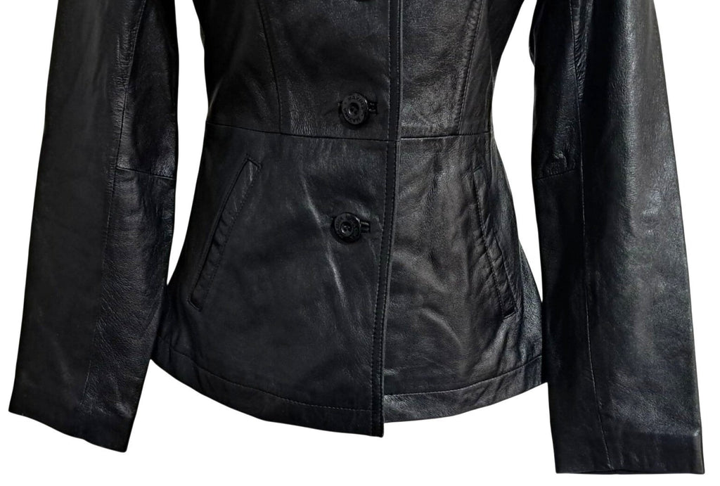 Vintage 1990s Wilsons Leather Maxima Womens Black Fitted Button-Up Blazer Jacket