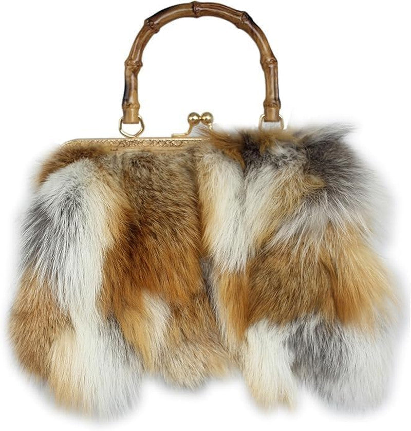 Real Fox Fur Handbag Vintage Kisslock Purse with Bamboo Handle