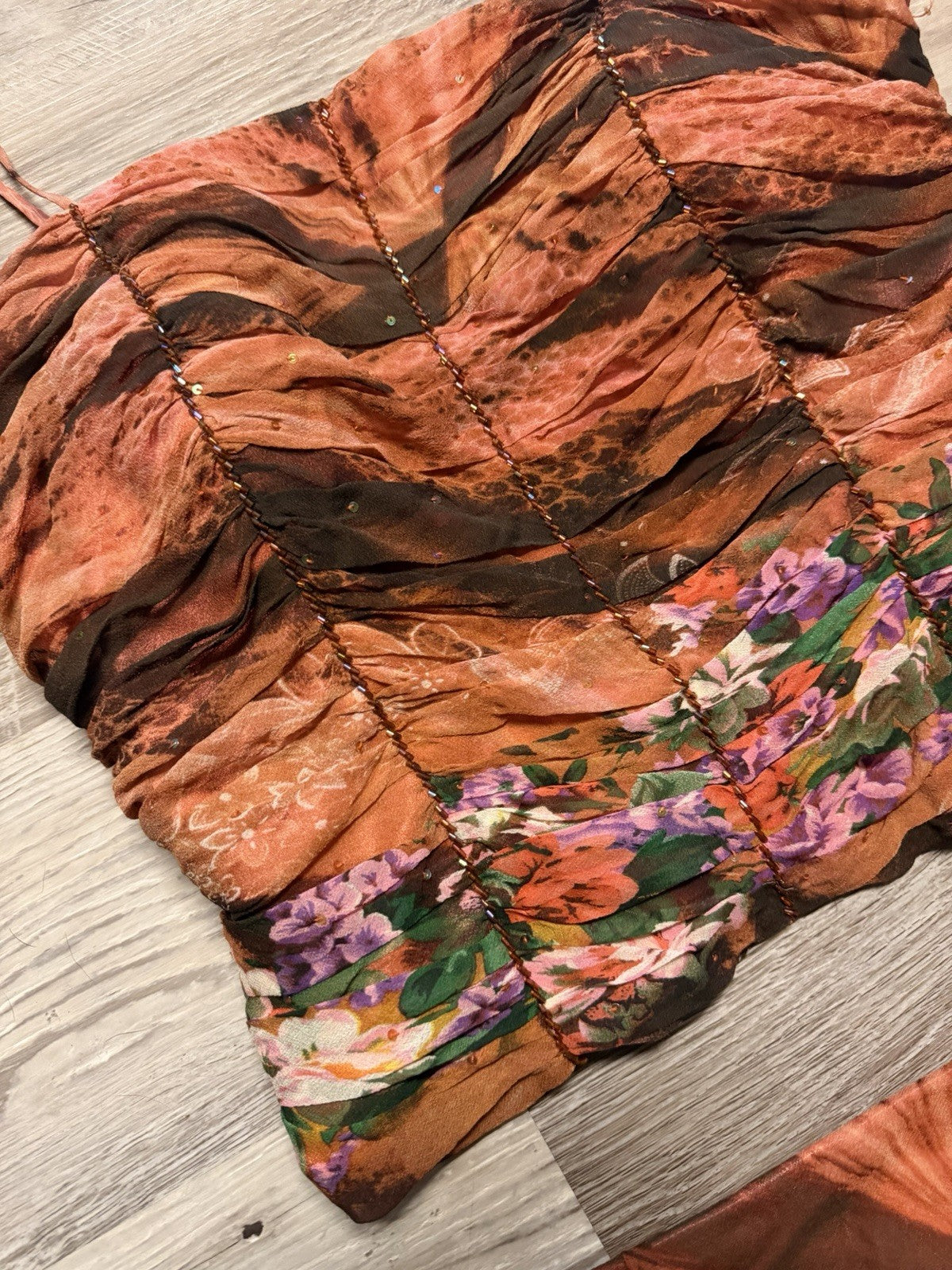 Y2K Euro Brown Floral Beaded Silk Two Piece Top and Skirt Small Medium