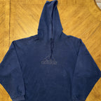 Vintage Adidas Hoodie Sz Large Center Logo Spellout Navy Embroidered Distressed