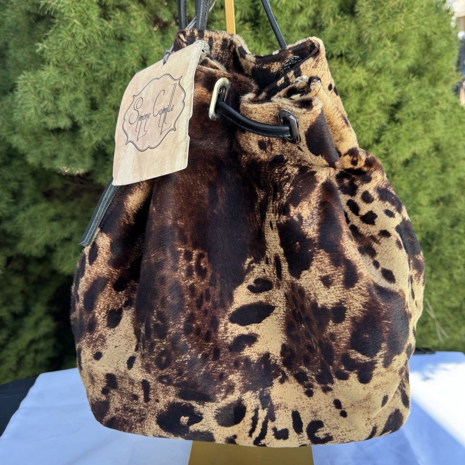 Simone Camille Vintage Calf Hair Leather Drawstring Shoulder Bag