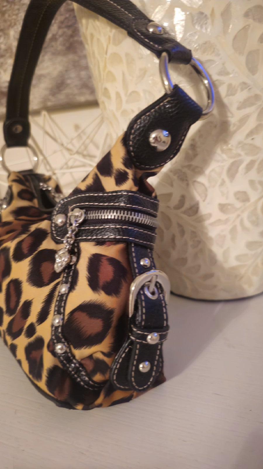 Kathy Van Zeeland Y2K Leopard Print Shoulder Bag with Studded Zipper