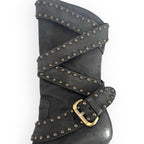 Manolo Blahnik YKK Mid Calf Strap Studded Leather Black Boots Stilettos -  38