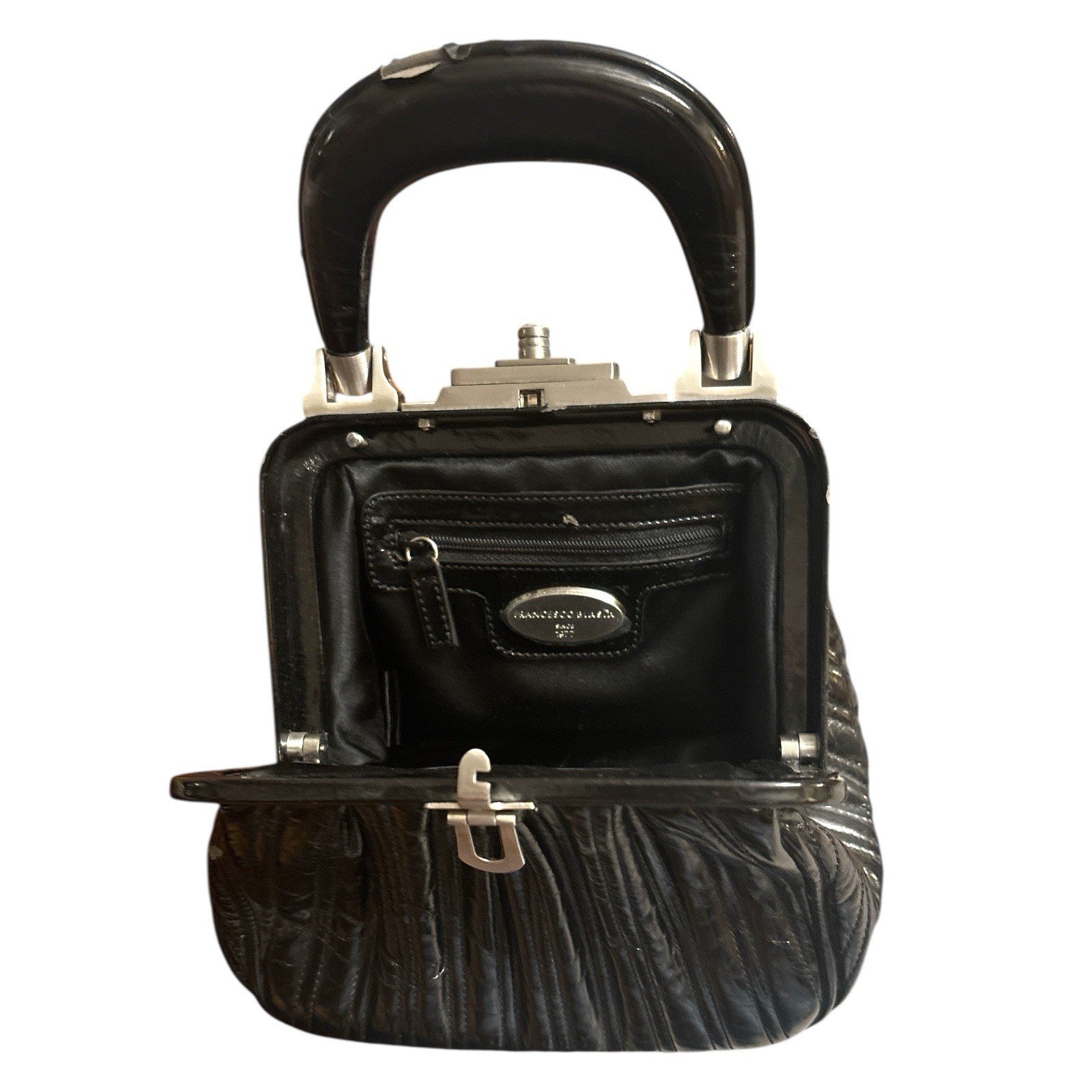 Vintage Francesco 1977 Biasia Handbag Fabulous Black Leather Silver Hardware