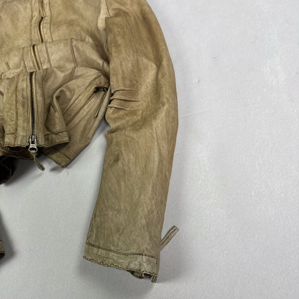 Vintage Beige Genuine Leather Cropped Moto Jacket